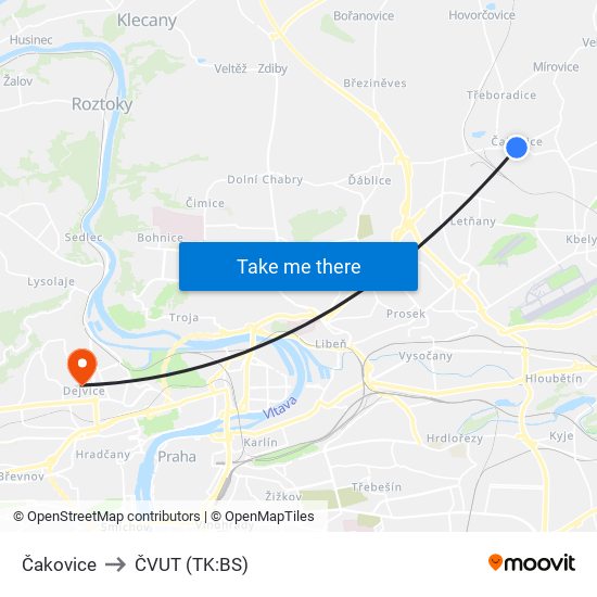 Čakovice to ČVUT (TK:BS) map