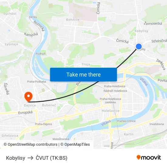 Kobylisy to ČVUT (TK:BS) map