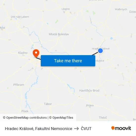 Hradec Králové, Fakultní Nemocnice to ČVUT map
