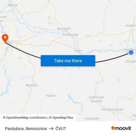 Pardubice, Nemocnice to ČVUT map