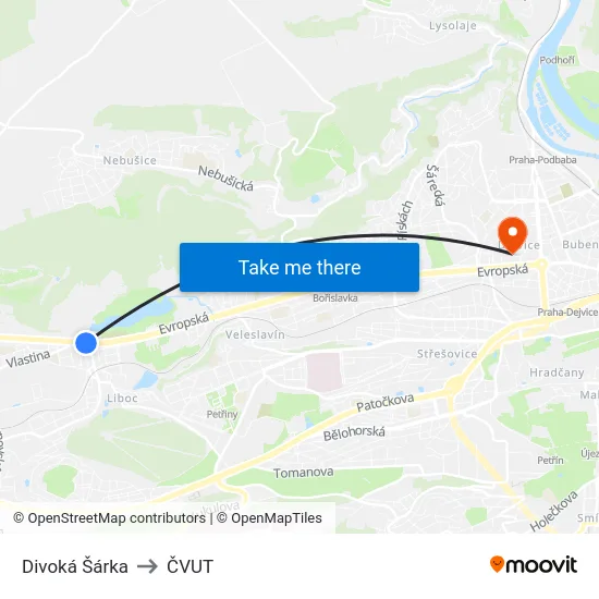 Divoká Šárka to ČVUT map