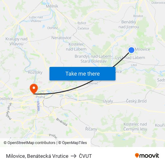 Milovice, Benátecká Vrutice to ČVUT map