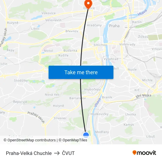Praha-Velká Chuchle to ČVUT map