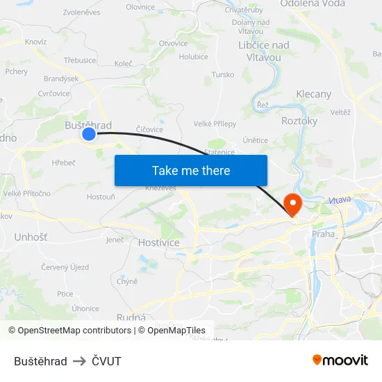 Buštěhrad to ČVUT map