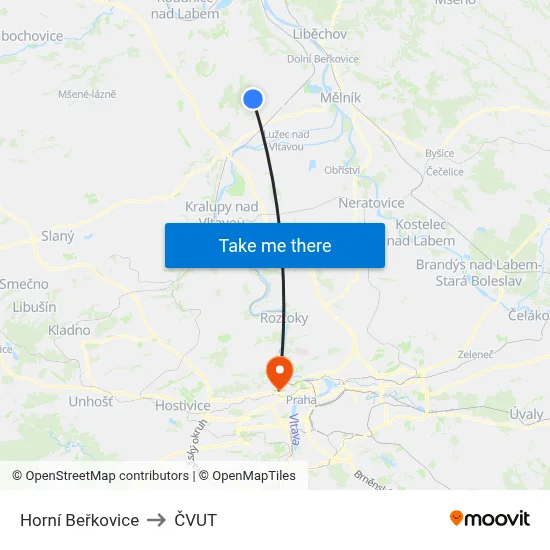Horní Beřkovice to ČVUT map
