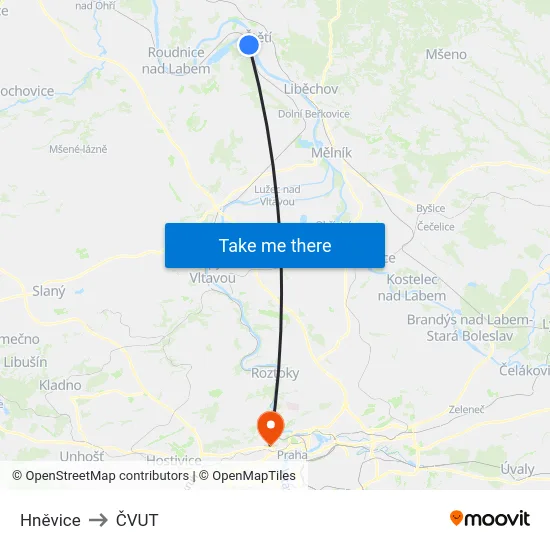 Hněvice to ČVUT map