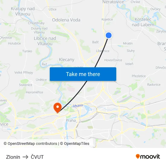 Zlonín to ČVUT map