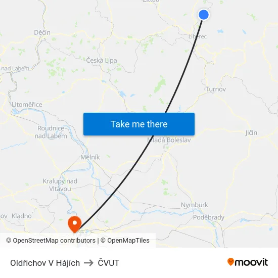 Oldřichov V Hájích to ČVUT map