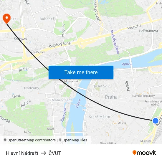 Hlavní Nádraží to ČVUT map