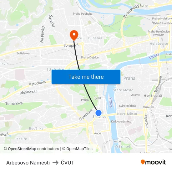 Arbesovo Náměstí to ČVUT map