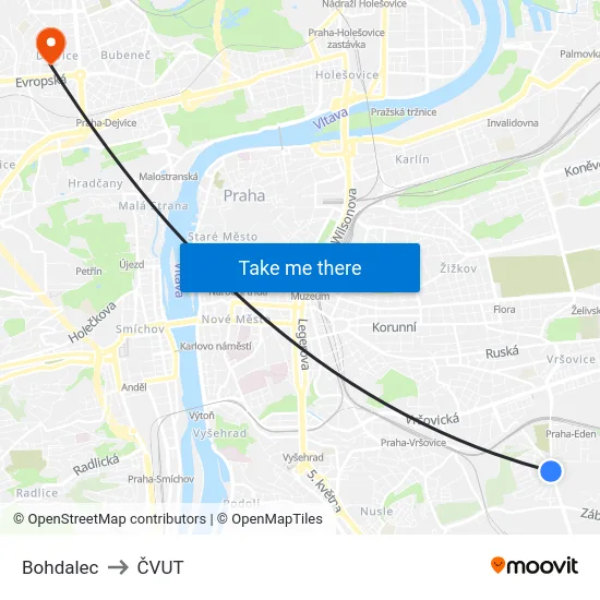 Bohdalec to ČVUT map