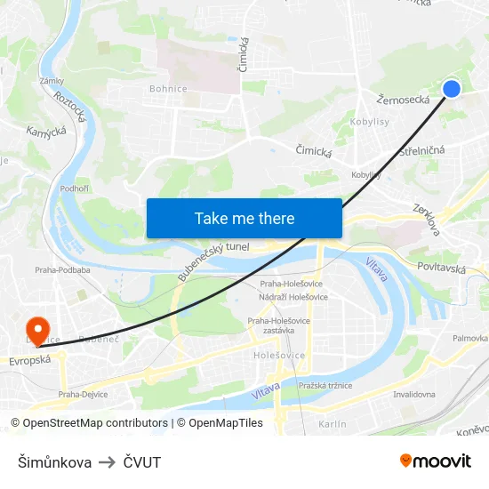Šimůnkova to ČVUT map