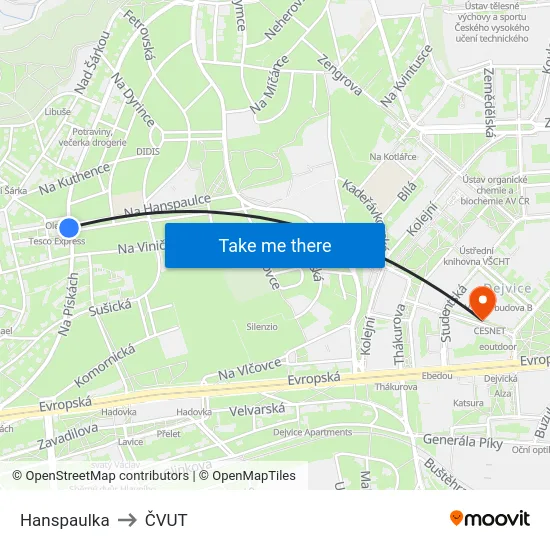 Hanspaulka to ČVUT map