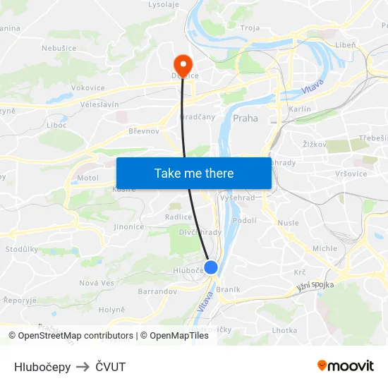 Hlubočepy to ČVUT map