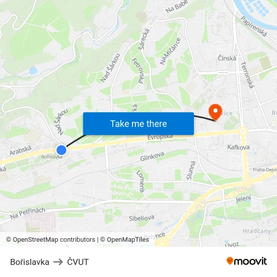 Bořislavka to ČVUT map