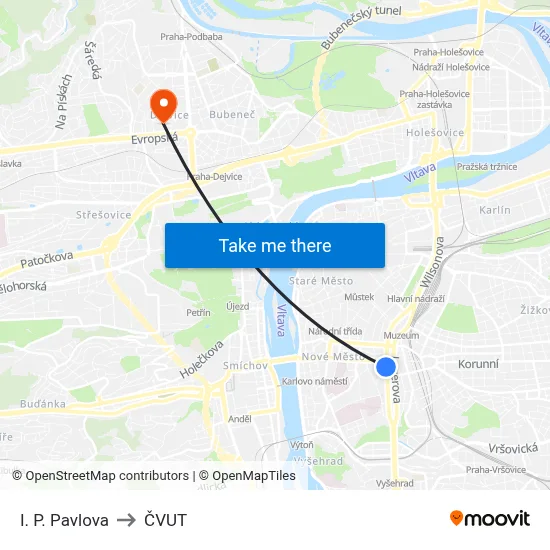I. P. Pavlova to ČVUT map
