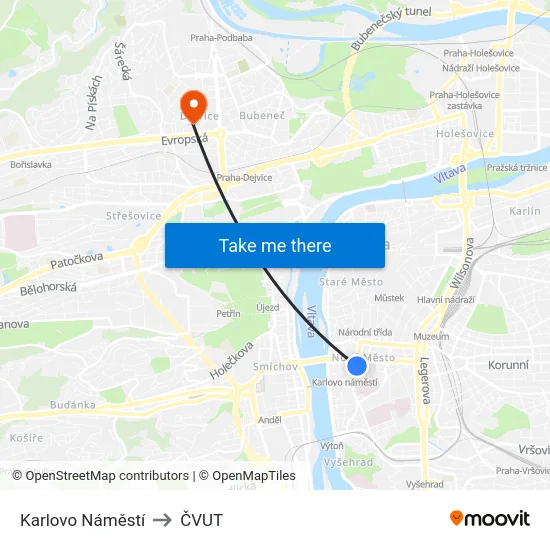 Karlovo Náměstí to ČVUT map
