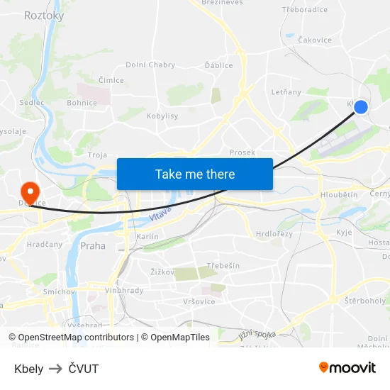 Kbely to ČVUT map