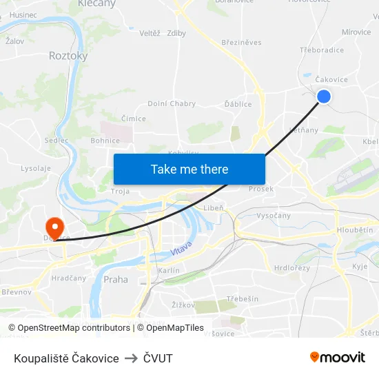 Koupaliště Čakovice to ČVUT map