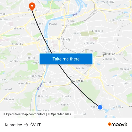 Kunratice to ČVUT map