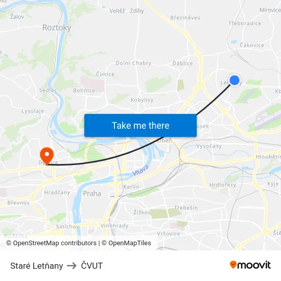 Staré Letňany to ČVUT map