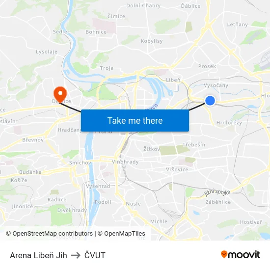 Arena Libeň Jih to ČVUT map