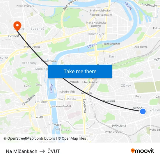 Na Míčánkách to ČVUT map