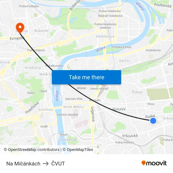 Na Míčánkách to ČVUT map