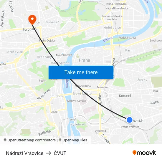 Nádraží Vršovice to ČVUT map