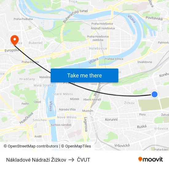 Nákladové Nádraží Žižkov to ČVUT map