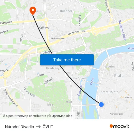 Národní Divadlo to ČVUT map