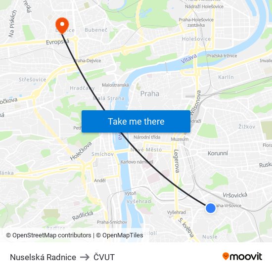 Nuselská Radnice to ČVUT map