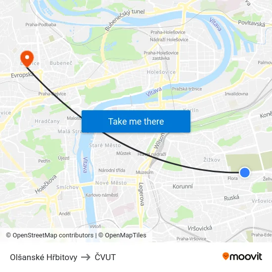 Olšanské Hřbitovy to ČVUT map