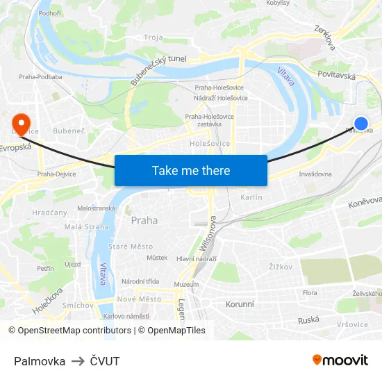 Palmovka to ČVUT map
