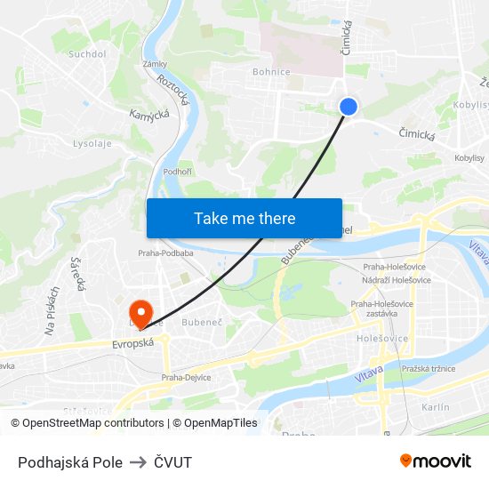 Podhajská Pole (B) to ČVUT map