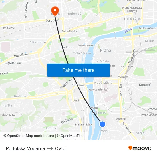 Podolská Vodárna to ČVUT map