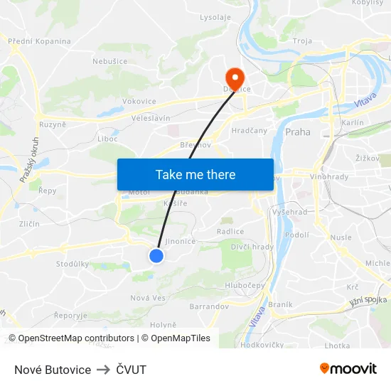 Nové Butovice to ČVUT map