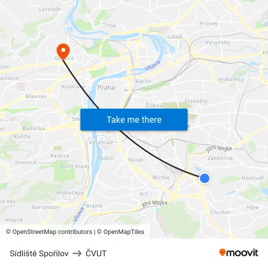 Sídliště Spořilov to ČVUT map