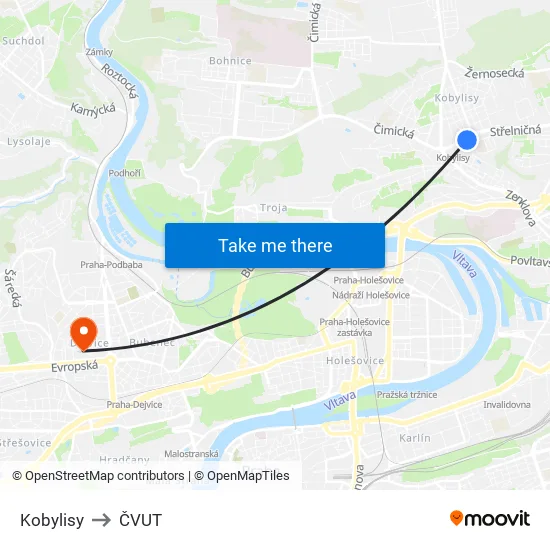 Kobylisy to ČVUT map