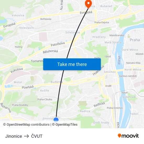 Jinonice to ČVUT map