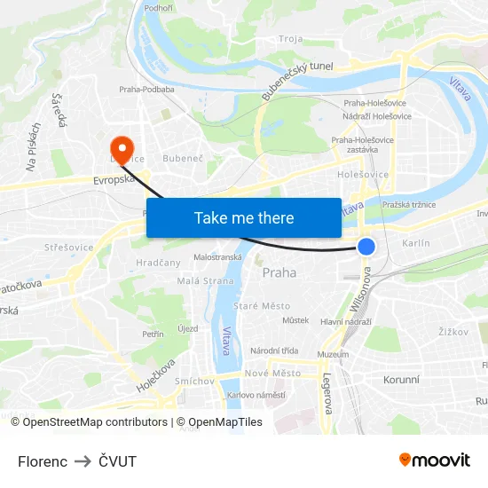 Florenc to ČVUT map