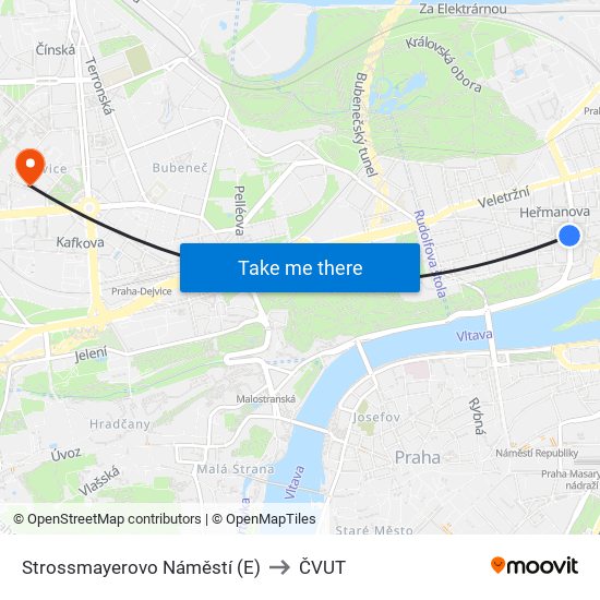 Strossmayerovo Náměstí (E) to ČVUT map