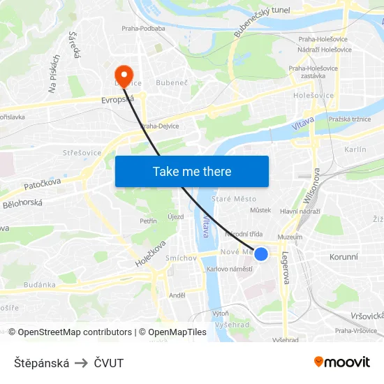 Štěpánská to ČVUT map