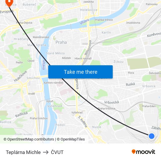 Teplárna Michle to ČVUT map