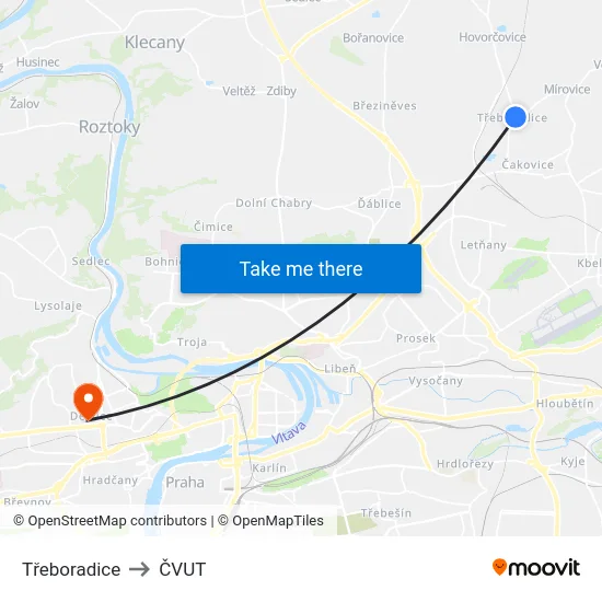 Třeboradice to ČVUT map