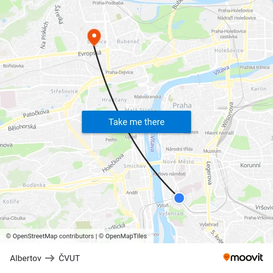 Albertov to ČVUT map