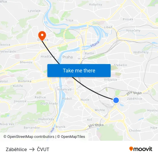 Záběhlice to ČVUT map