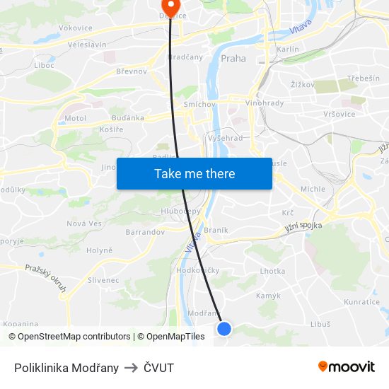 Poliklinika Modřany to ČVUT map