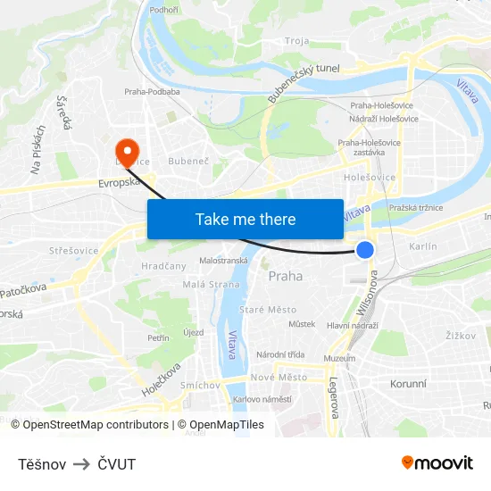 Těšnov to ČVUT map