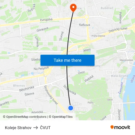 Koleje Strahov to ČVUT map